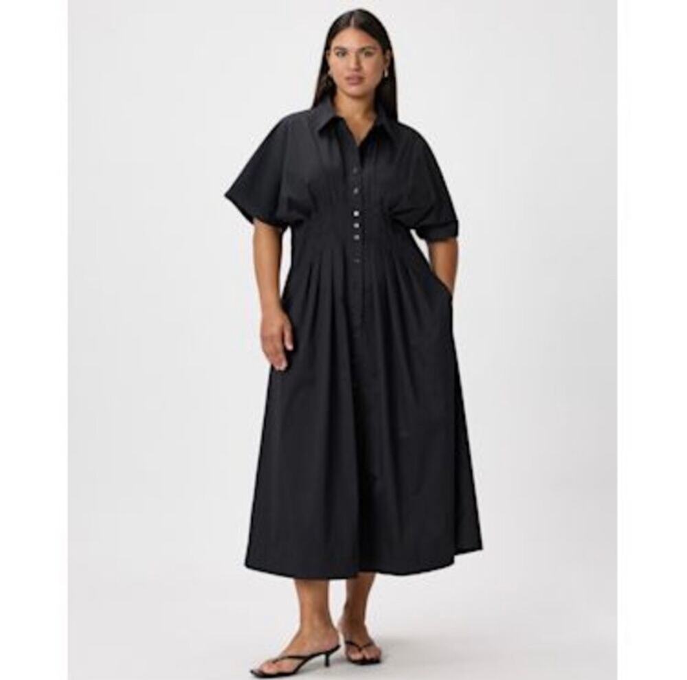 Quince Stretch Cotton Poplin Pleated Midi Dress Black XL Pockets